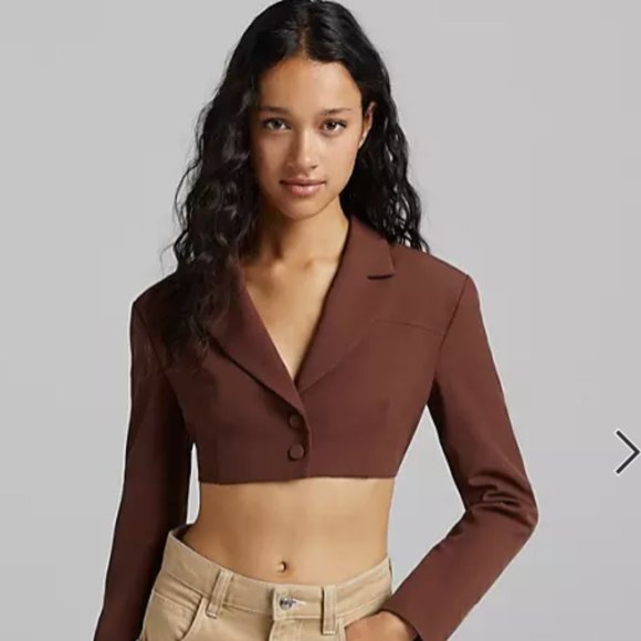 Bershka open back cropped blazer in chocolate size large - Picture 1 of 6